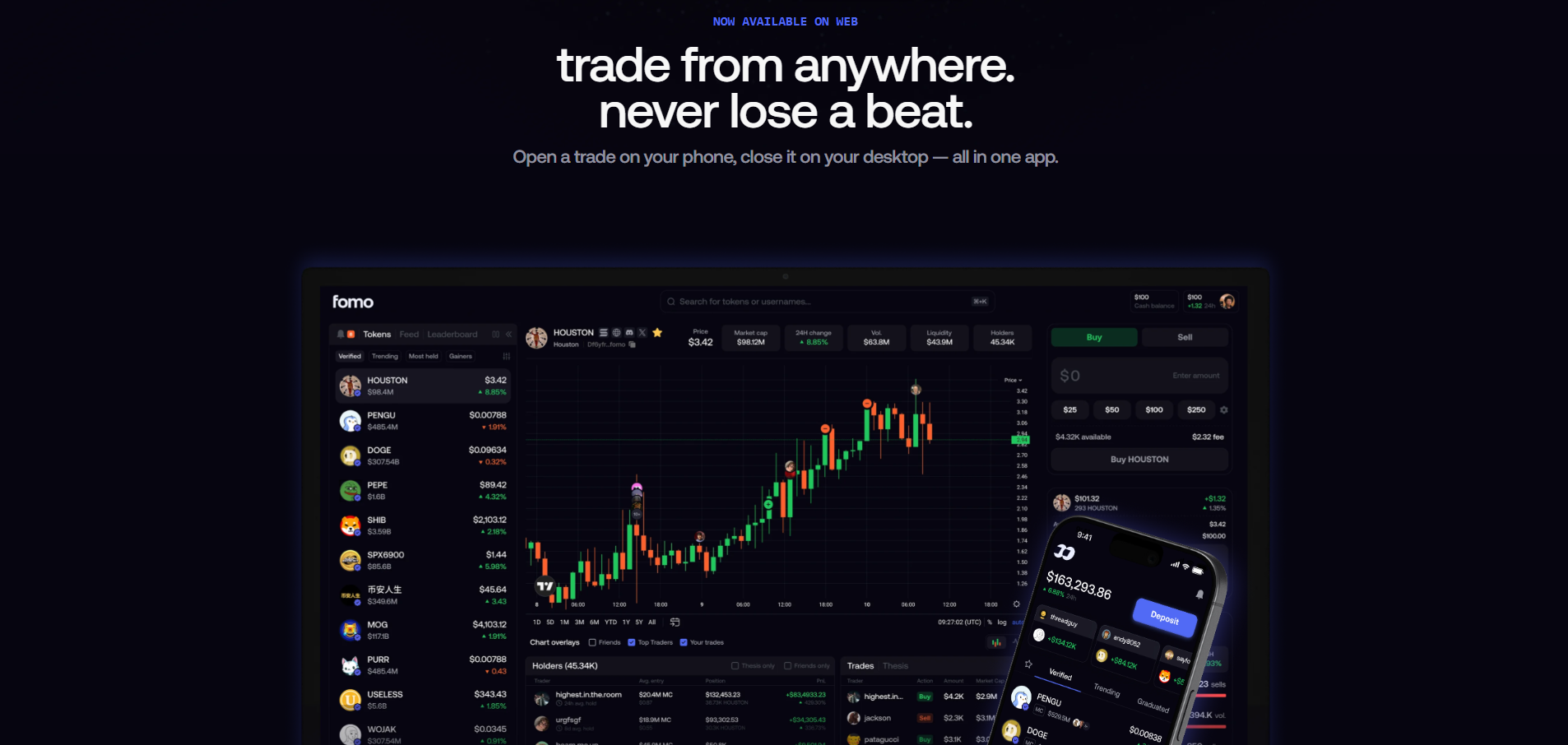 Fomo crypto trading experience across mobile and web