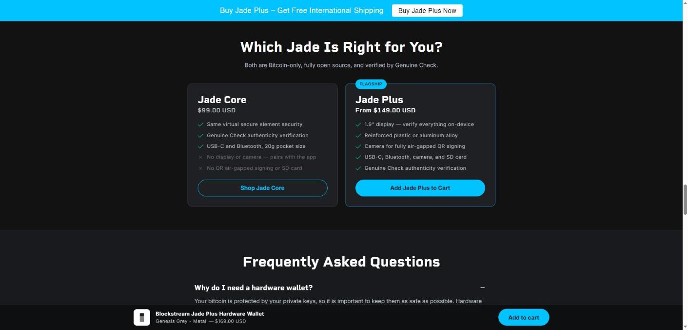 Blockstream Jade Core at 99 USD compared with the Blockstream Jade Plus from 149 USD