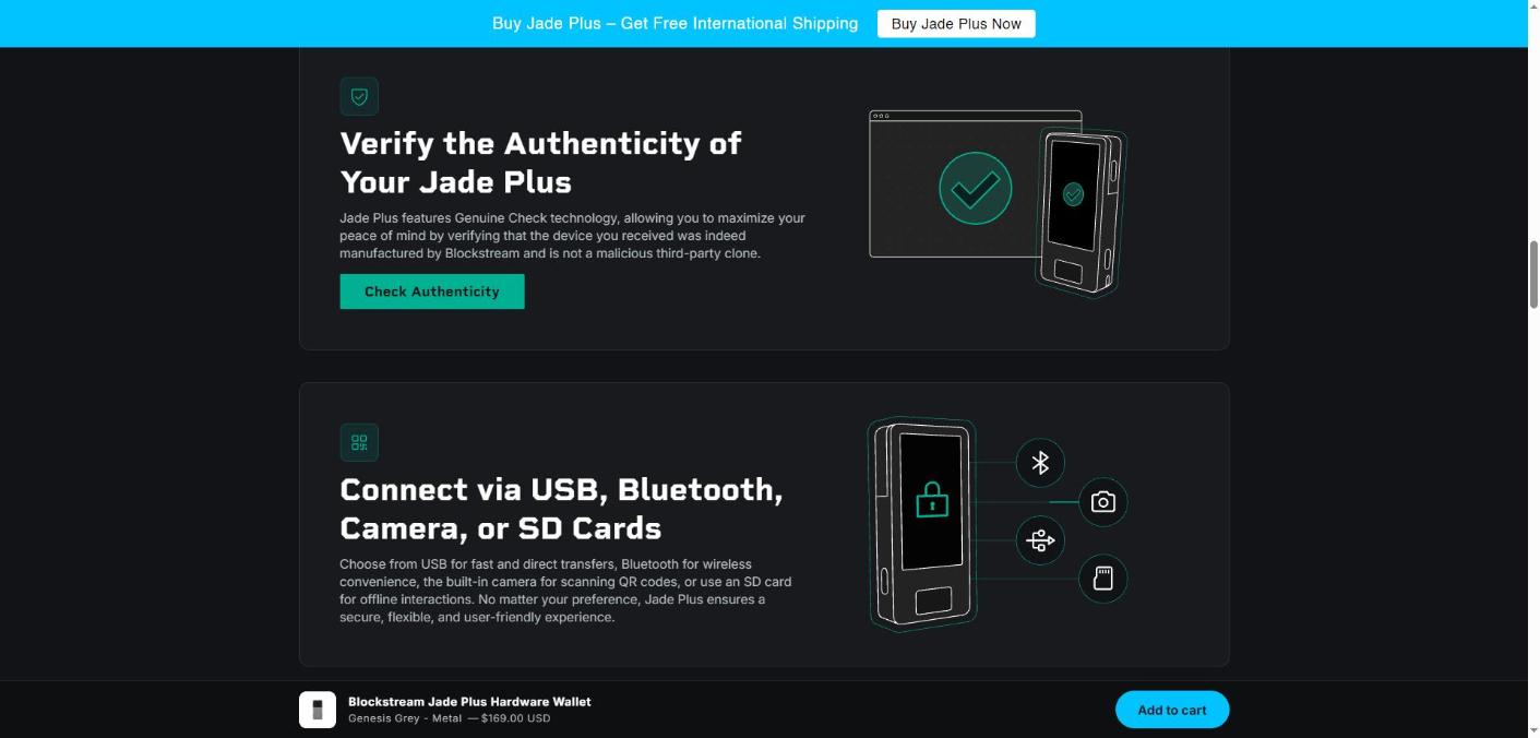 Blockstream Jade Plus Genuine Check authenticity verification and USB, Bluetooth, camera and SD card connectivity options