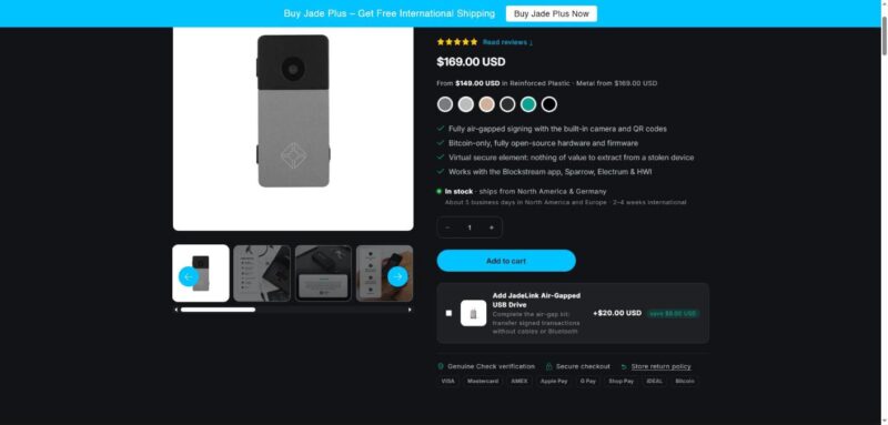 Blockstream Jade Plus hardware wallet product page showing price and key features