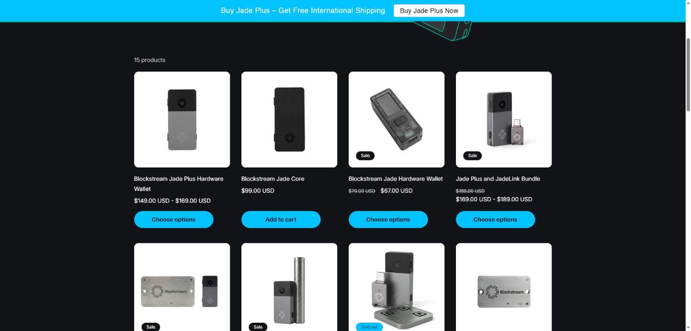 Blockstream store hardware security collection listing Blockstream Jade Plus, Jade Core and bundle prices in USD