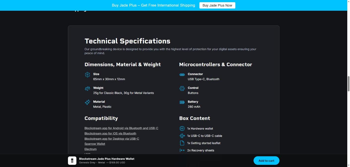 Blockstream Jade Plus technical specifications table covering size, weight, material, connector, battery and box content