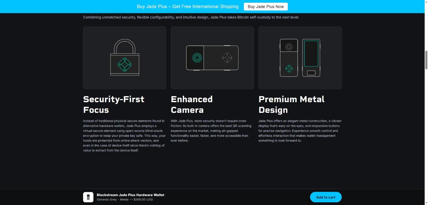 Blockstream Jade Plus virtual secure element, enhanced camera and premium metal design explained on the official product page