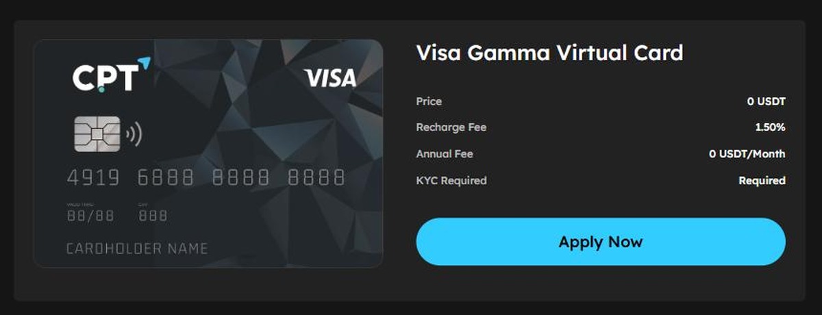 CPT Markets Visa Gamma virtual crypto card showing price, recharge fee and annual fee