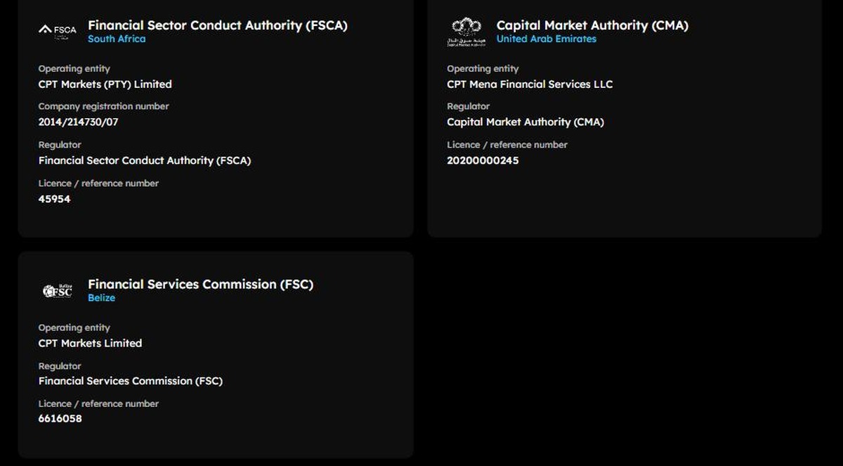 CPT Markets regulatory licences page showing FSCA, CMA and FSC entities and licence numbers