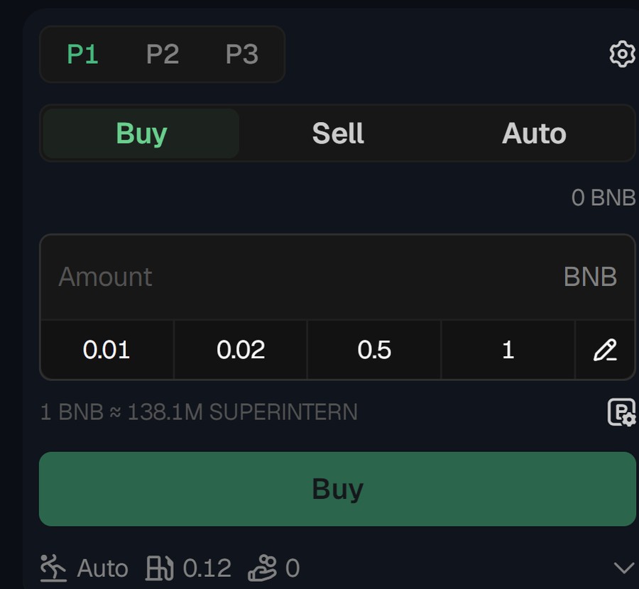 GMGN BSC buy panel showing P1 P2 P3 preset slots, BNB amount shortcuts and the auto slippage control