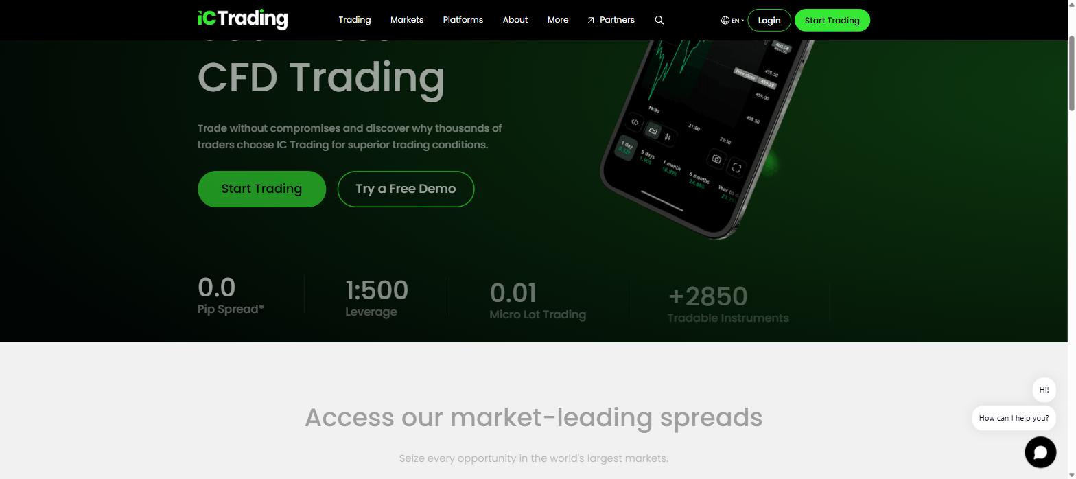 IC Trading homepage showing 0.0 pip spreads, 1:500 leverage and 2850 instruments