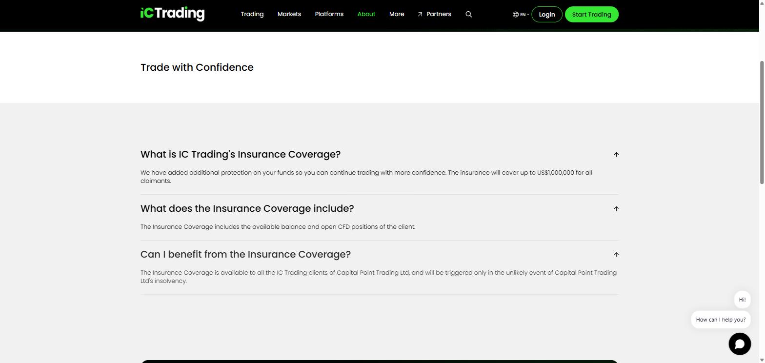 IC Trading insurance coverage page stating cover up to US$1,000,000 for all claimants