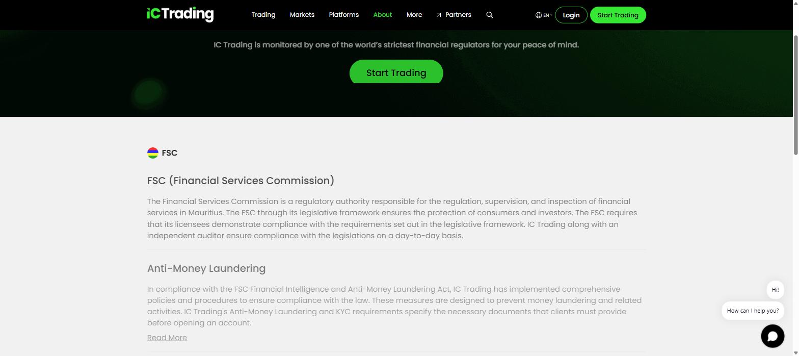 IC Trading regulations page describing FSC Mauritius oversight