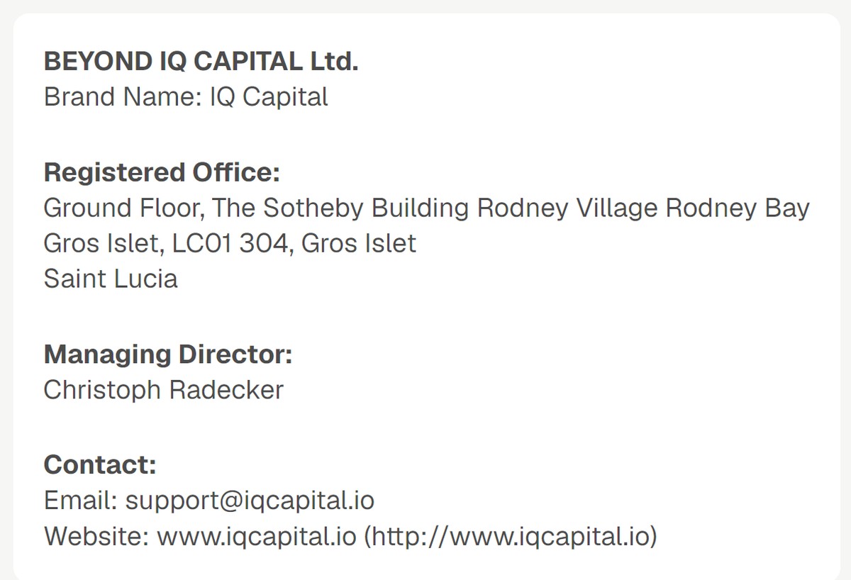 IQ Capital imprint showing BEYOND IQ CAPITAL Ltd registered in Gros Islet, Saint Lucia