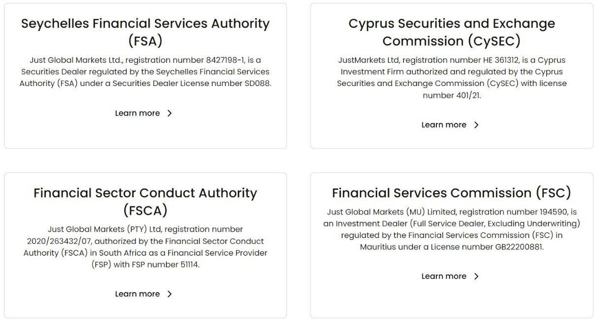 JustMarkets regulations page listing its licensed entities