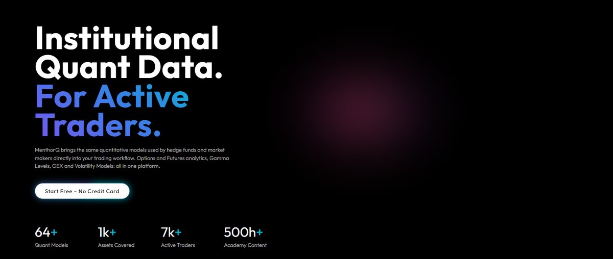 MenthorQ homepage promising institutional quant data for active traders