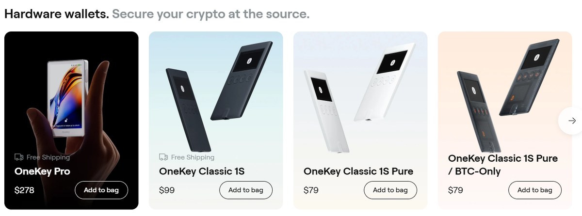 OneKey hardware wallet line-up on the official store showing OneKey Pro at 278 dollars, Classic 1S at 99 dollars and Classic 1S Pure at 79 dollars