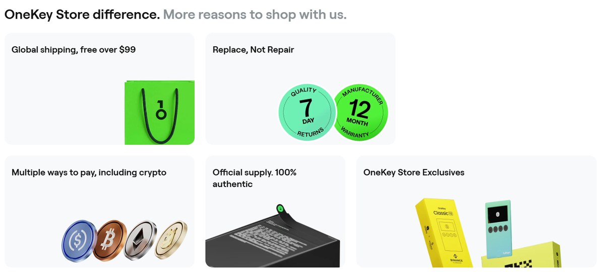 OneKey Store benefits including free global shipping over 99 dollars, 7 day returns, 12 month warranty, crypto payment and 100 percent authentic official supply