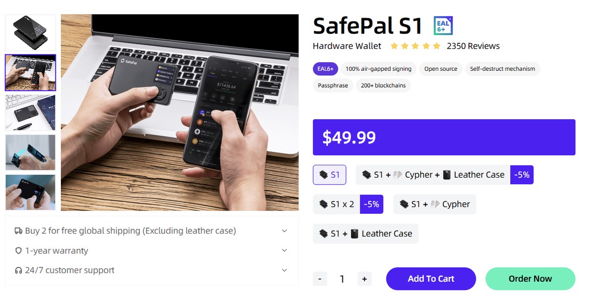 SafePal S1 hardware wallet product page showing a $49.99 price and EAL6+ specifications.