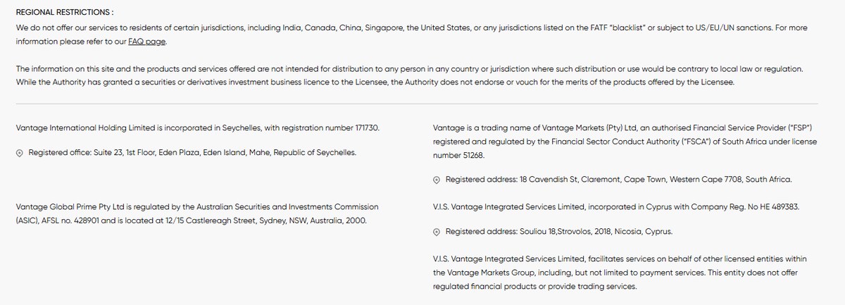 Vantage Markets footer showing regional restrictions and the ASIC, FSCA, Seychelles and Cyprus entity details
